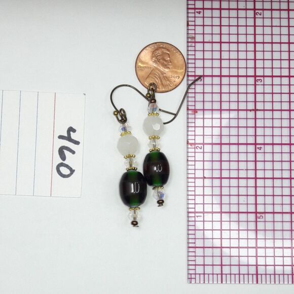 boho earrings 460#mfs Victorian green hatpin earrings Crystal milky white & gree - Picture 5 of 6